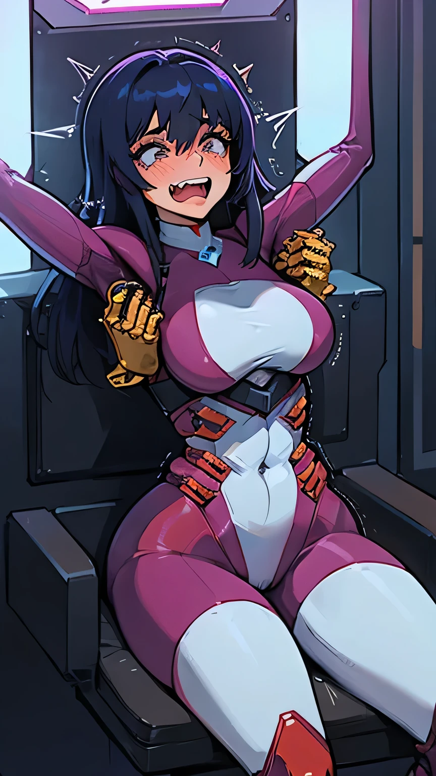 curvy woman, 30 year old, stuck inside the tickling machine, restrained by straps and padding, arms above head, sitting in chair. tickled by machine, laughter, blushing, dim studio lighting. arched back, slim superheroine bodysuit.