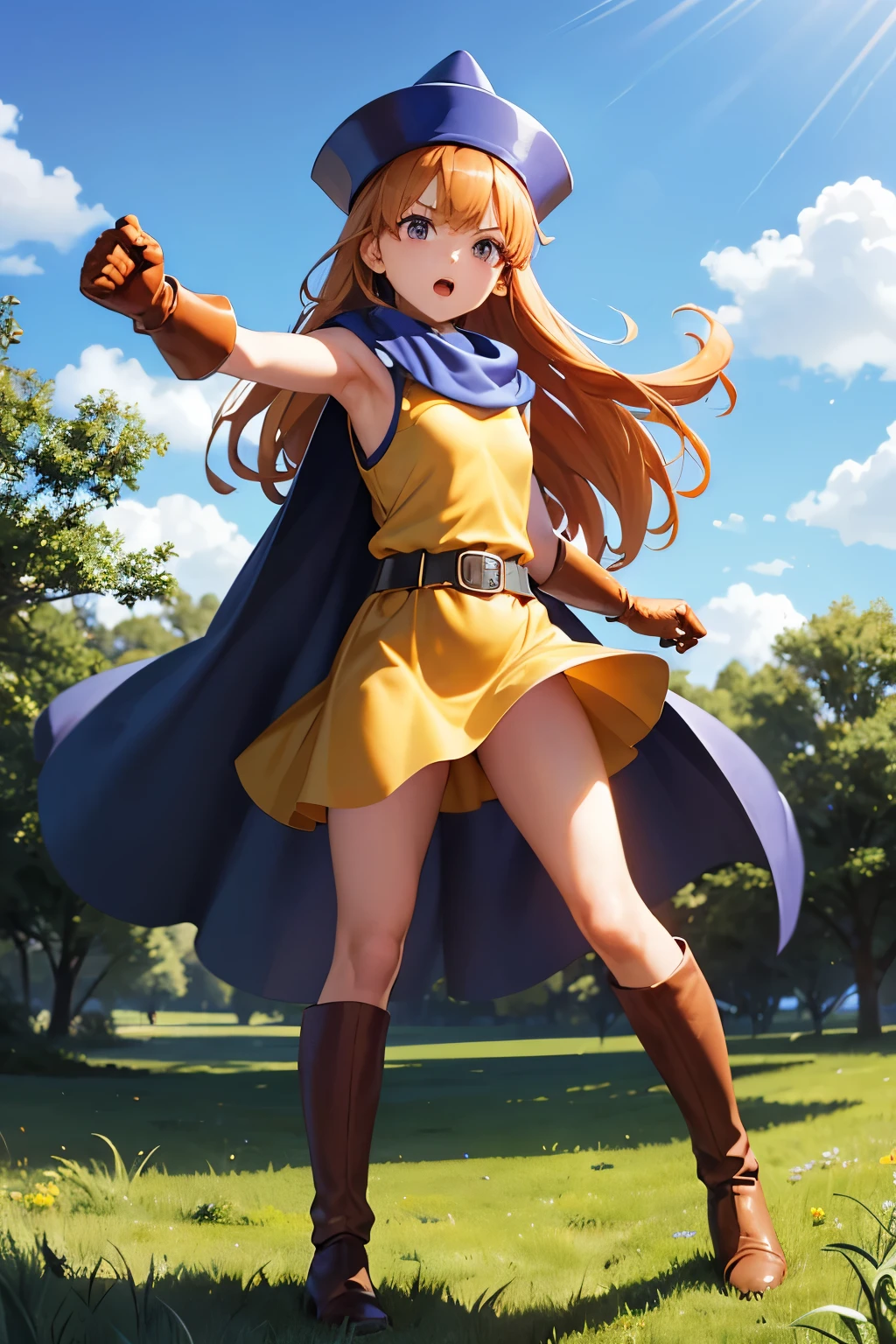 1 girl、High resolution、masterpiece、(alena-dq4、DQ4-ALENA、Orange straight hair)、Short stature、Thin thighs、Thin legs、Small shoulders、slender、Muscular、(bedroom)、(hat、dress、Cape、belt、Gloves、Black tights、Leather boots)、Night Grassland、attacking with a kick、Attacking with the legs、High Kick、Crouch and kick