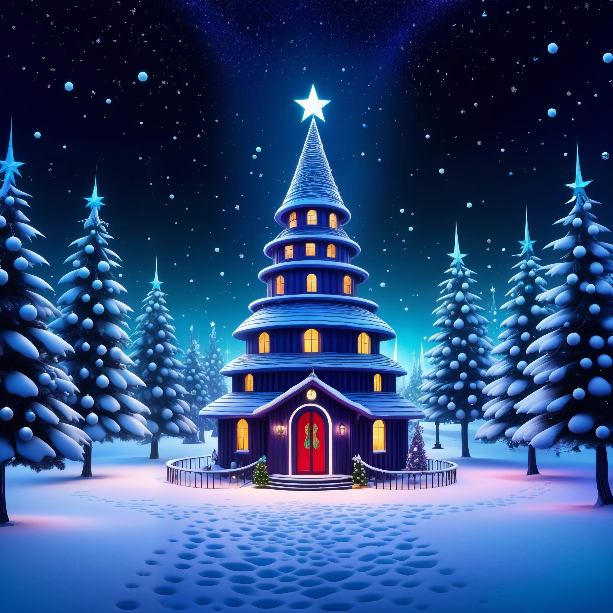 Envision a festive setting where AI-generated music creates a magical Christmas atmosphere, blending traditional holiday elements with a futuristic twist inspired by the imaginative style of artist Tim Burton.