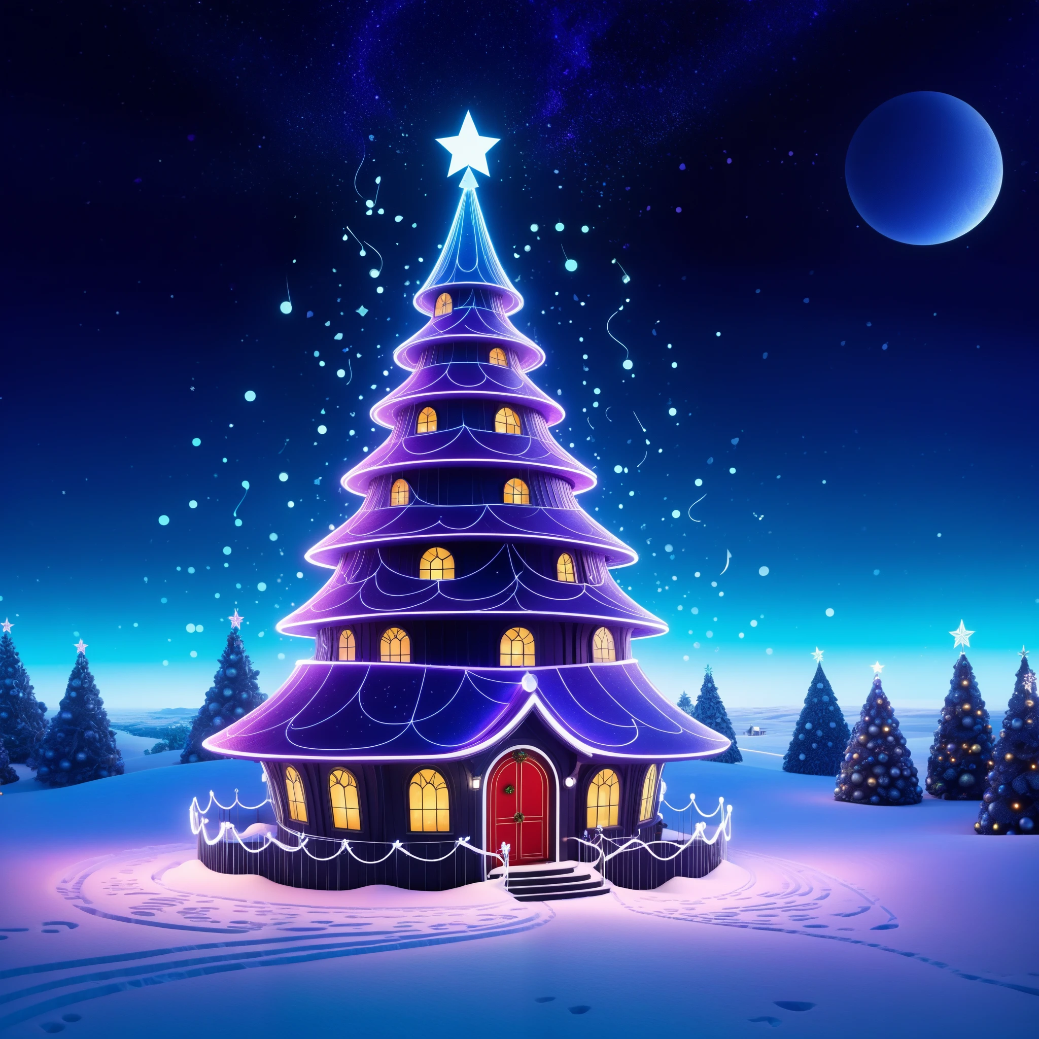 Envision a festive setting where AI-generated music creates a magical Christmas atmosphere, blending traditional holiday elements with a futuristic twist inspired by the imaginative style of artist Tim Burton.