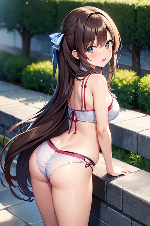 a girl in hot clothes with long brown hair she blushing hard and her tongue is out she in a hot pose (from back) (full body)
