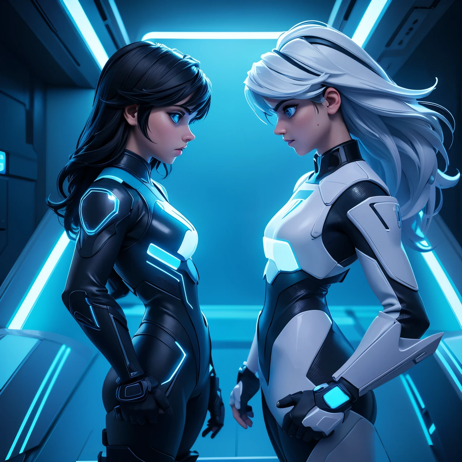 Tron legacy girls,  girl vs girl, grid battle, power pose, blue and white neon lights , dark lighting, dystopian setting, photorealistic, ultra high quality, depth of field, areal view, sfw
