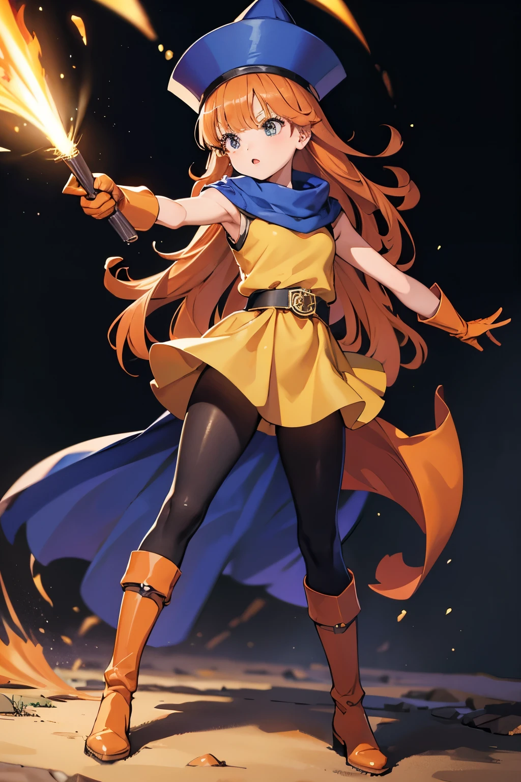 1 girl、High resolution、masterpiece、(alena-dq4、DQ4-ALENA、Orange straight hair)、Short stature、Thin thighs、Thin legs、Small shoulders、slender、Muscular、(bedroom)、(hat、dress、Cape、belt、Gloves、Black tights、Leather boots)、Night Grassland、attacking with a kick、Attacking with the legs、High Kick、Crouch and kick