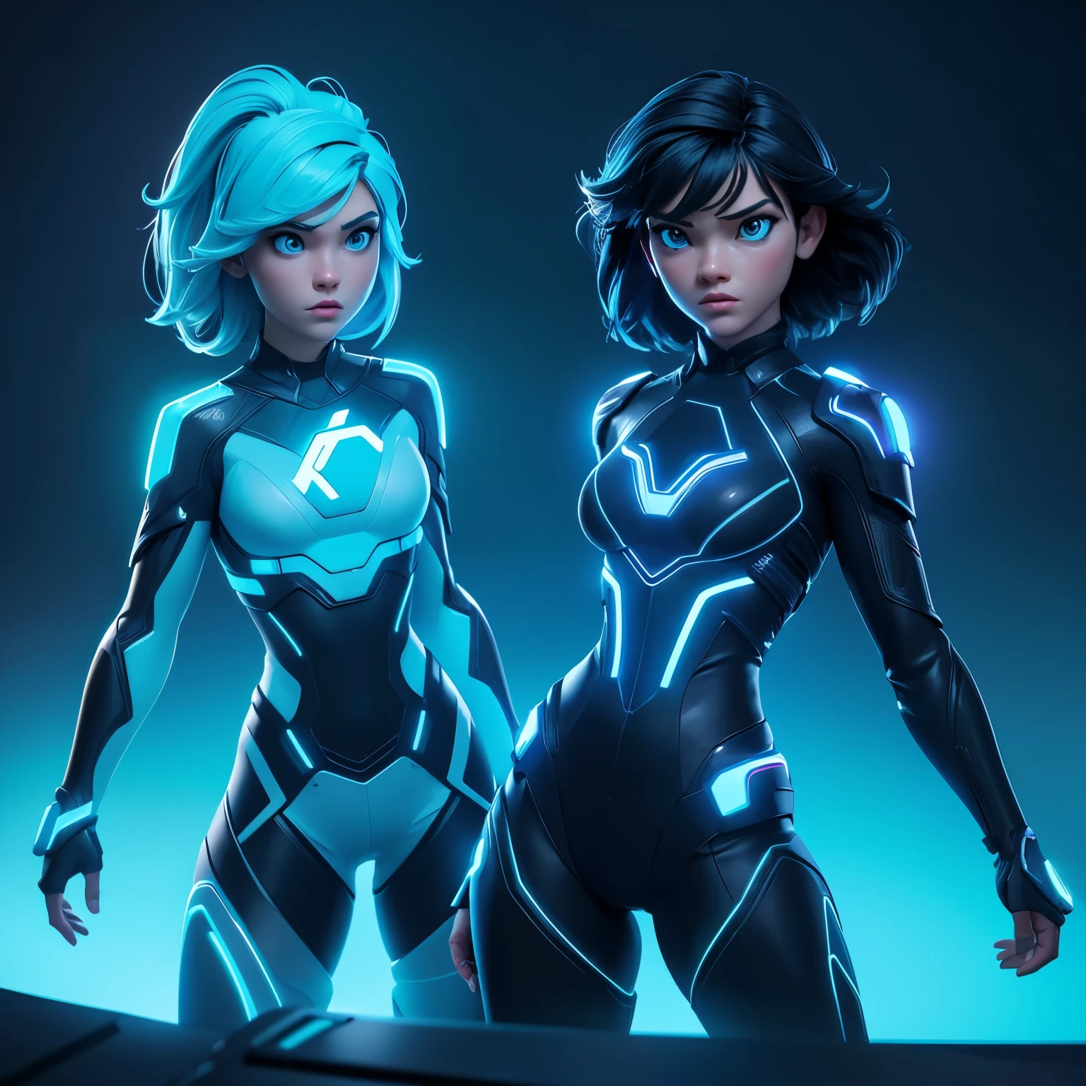  Tron legacy girls,  girl vs girl, grid battle, power pose, blue and white neon lights , dark lighting, dystopian setting, photorealistic, ultra high quality, depth of field, areal view, sfw
