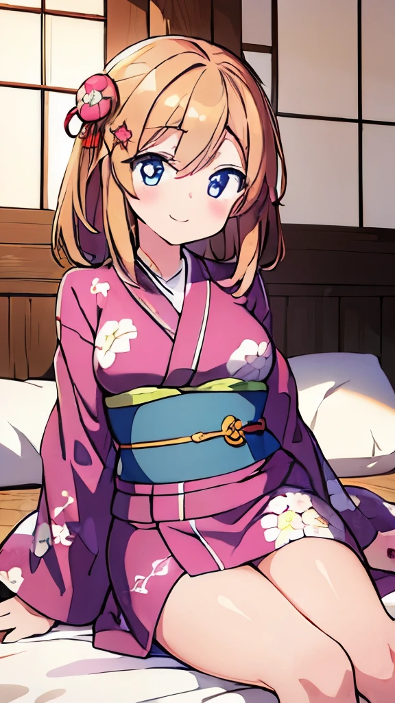 ((masterpiece)), ((best quality)), (ultra-detailed), anime style, on the bed, a cute girl, 1girl, solo, kimono, japanese cloth, ((beautiful eyes)), smile,