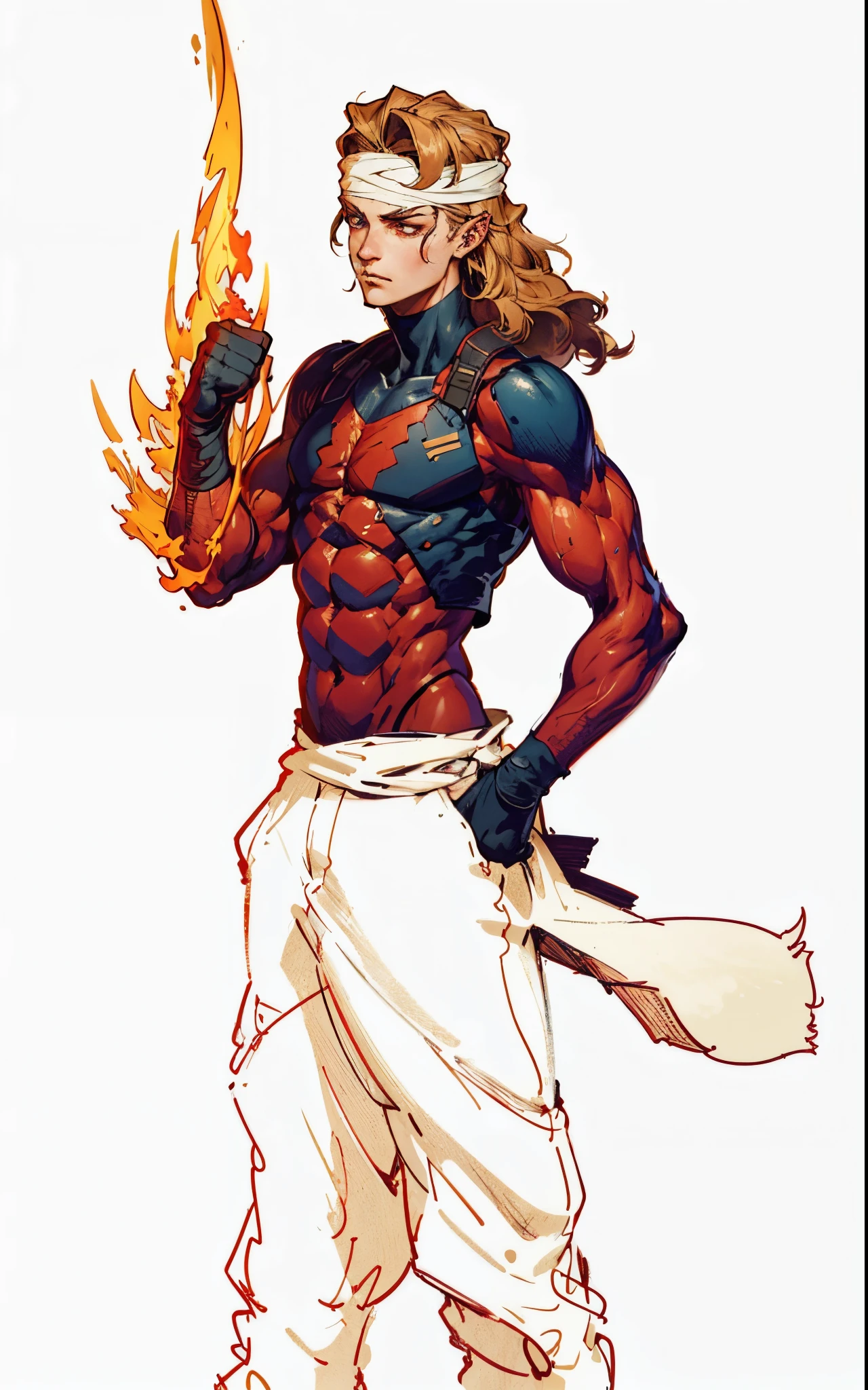A young man with thick chestnut-brown long hair, a red headband adorned his forehead, devoid of eyebrows, triangular eyes, a square face, proud expression, robust and muscular physique, a fantasy-style tight-fitting open-chest vest, gloves, a ragged cloth tied around his waist, white utility trousers, his raised right fist surrounded by crimson flames, stands amidst boundless wilderness, this character embodies a finely crafted fantasy-style rogue in anime style, exquisite and mature manga art style, high definition, best quality, highres, ultra-detailed, ultra-fine painting, extremely delicate, professional, perfect body proportions, golden ratio, anatomically correct, symmetrical face, extremely detailed eyes and face, high quality eyes, creativity, RAW photo, UHD, 32k, Natural light, cinematic lighting, masterpiece-anatomy-perfect, masterpiece:1.5