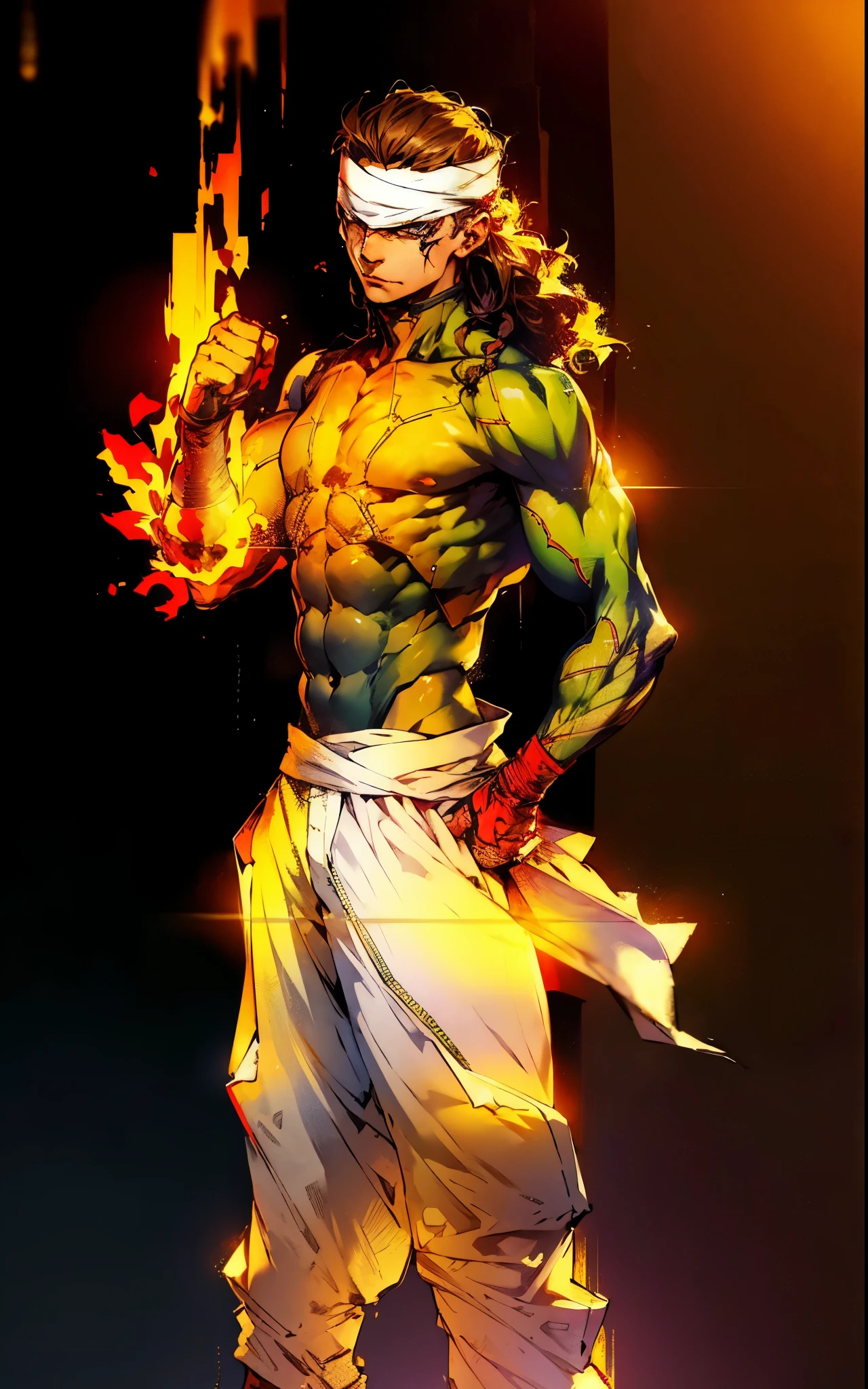 A young man with thick chestnut-brown long hair, a red headband adorned his forehead, devoid of eyebrows, triangular eyes, a square face, proud expression, robust and muscular physique, a fantasy-style tight-fitting open-chest vest, gloves, a ragged cloth tied around his waist, white utility trousers, his raised right fist surrounded by crimson flames, stands amidst boundless wilderness, this character embodies a finely crafted fantasy-style rogue in anime style, exquisite and mature manga art style, high definition, best quality, highres, ultra-detailed, ultra-fine painting, extremely delicate, professional, perfect body proportions, golden ratio, anatomically correct, symmetrical face, extremely detailed eyes and face, high quality eyes, creativity, RAW photo, UHD, 32k, Natural light, cinematic lighting, masterpiece-anatomy-perfect, masterpiece:1.5