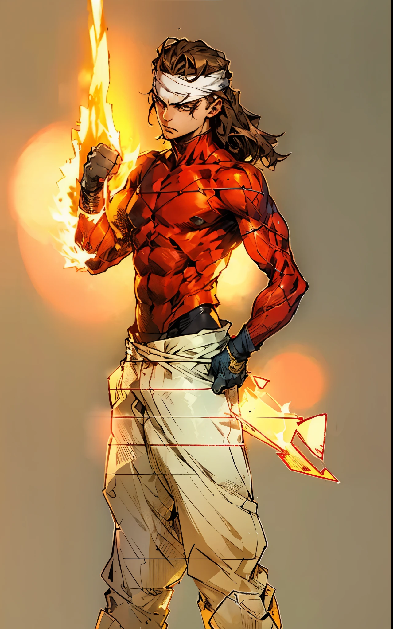 A young man with thick chestnut-brown long hair, a red headband adorned his forehead, devoid of eyebrows, triangular eyes, a square face, proud expression, robust and muscular physique, a fantasy-style tight-fitting open-chest vest, gloves, a ragged cloth tied around his waist, white utility trousers, his raised right fist surrounded by crimson flames, stands amidst boundless wilderness, this character embodies a finely crafted fantasy-style rogue in anime style, exquisite and mature manga art style, high definition, best quality, highres, ultra-detailed, ultra-fine painting, extremely delicate, professional, perfect body proportions, golden ratio, anatomically correct, symmetrical face, extremely detailed eyes and face, high quality eyes, creativity, RAW photo, UHD, 32k, Natural light, cinematic lighting, masterpiece-anatomy-perfect, masterpiece:1.5