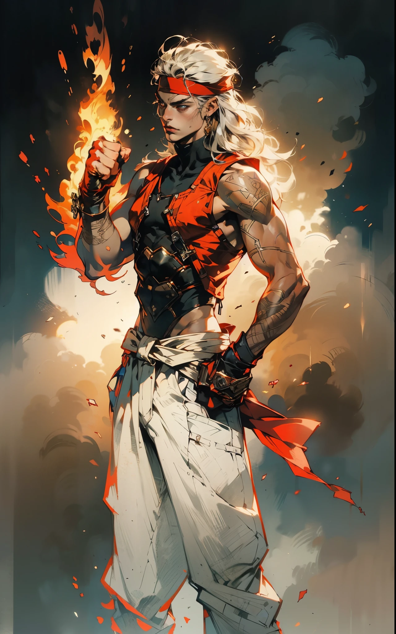 A young man with thick chestnut-brown long hair, a red headband adorned his forehead, devoid of eyebrows, triangular eyes, a square face, proud expression, robust and muscular physique, a fantasy-style tight-fitting open-chest vest, gloves, a ragged cloth tied around his waist, white utility trousers, his raised right fist surrounded by crimson flames, stands amidst boundless wilderness, this character embodies a finely crafted fantasy-style rogue in anime style, exquisite and mature manga art style, high definition, best quality, highres, ultra-detailed, ultra-fine painting, extremely delicate, professional, perfect body proportions, golden ratio, anatomically correct, symmetrical face, extremely detailed eyes and face, high quality eyes, creativity, RAW photo, UHD, 32k, Natural light, cinematic lighting, masterpiece-anatomy-perfect, masterpiece:1.5