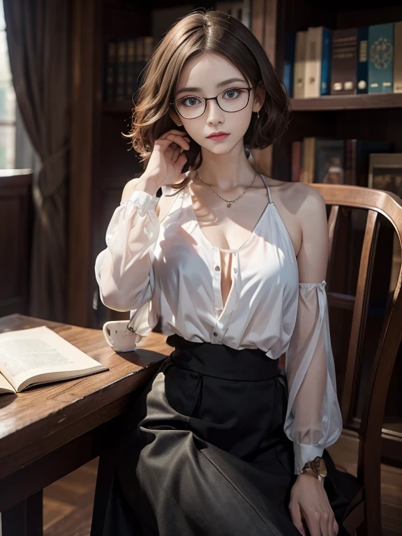 (masterpiece), (Highest quality), (High resolution), detailed, (複雑なdetailed 1.2), (Hyper detailed 1.4), (Gorgeous Digital Art 1.2), One girl, Mature Woman, masterpiece, Mistress showing her bra, goddess,Hair tied up on top of head ,((Black Hair)),Glasses, (Tight Skirt:1.3),