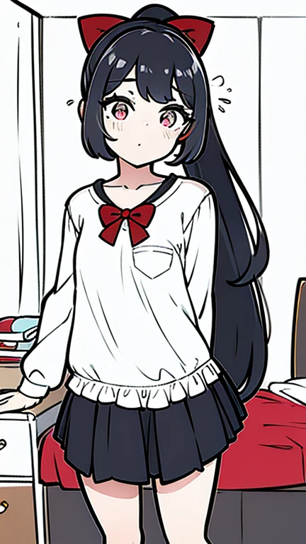 Cabello negro ondulado, mirada penetrante con ojos profundos de color rojo, estatura promedio, Silky hair with a ponytail hairstyle collected with a red bow with two white lines, tiene pechos, copa de pechos a, small breasts, delgada, primer plano, Session, standing in the middle of his room [[[[sonriendo malvadamente]]]] ,Criada sexy, adulta joven 