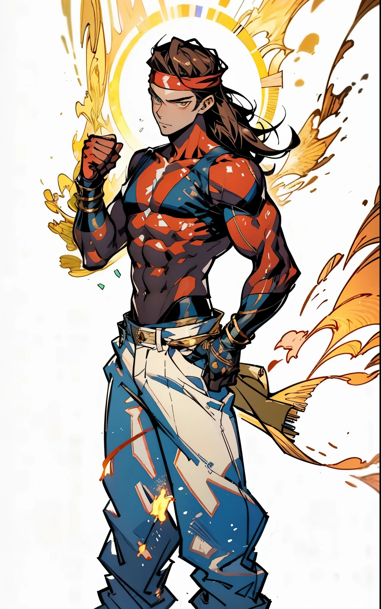 A young man with thick chestnut-brown long hair, a red headband adorned his forehead, devoid of eyebrows, triangular eyes, a square face, proud expression, robust and muscular physique, a fantasy-style tight-fitting open-chest vest, gloves, a ragged cloth tied around his waist, white utility trousers, his raised right fist surrounded by crimson flames, stands amidst boundless wilderness, this character embodies a finely crafted fantasy-style rogue in anime style, exquisite and mature manga art style, high definition, best quality, highres, ultra-detailed, ultra-fine painting, extremely delicate, professional, perfect body proportions, golden ratio, anatomically correct, symmetrical face, extremely detailed eyes and face, high quality eyes, creativity, RAW photo, UHD, 32k, Natural light, cinematic lighting, masterpiece-anatomy-perfect, masterpiece:1.5