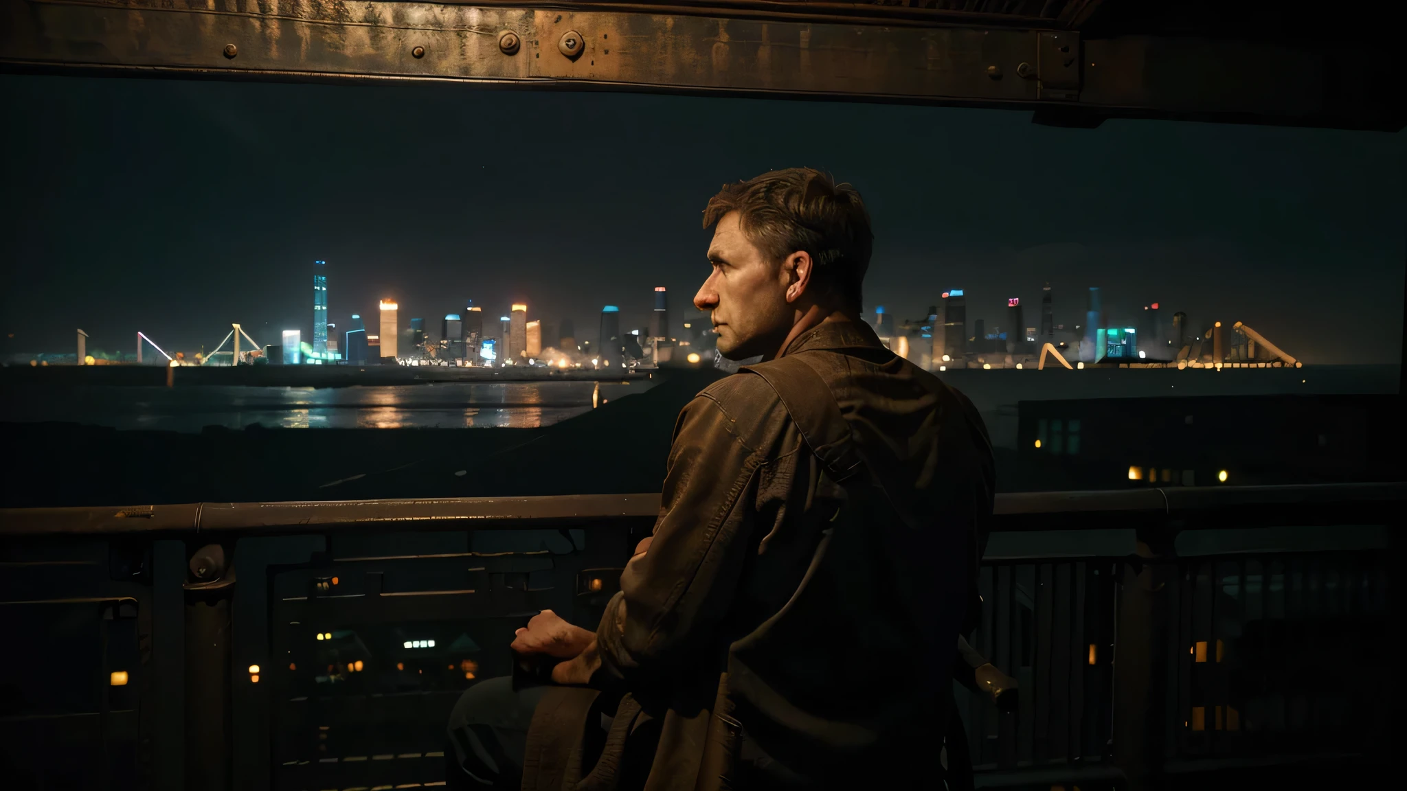 A lone man sits on a worn wicker chair with his back turned, his elbows resting on the porch's rusty iron railing. He gazes at the cityscape before him, a dystopian vision of skyscrapers piercing the night sky with their neon lights.
