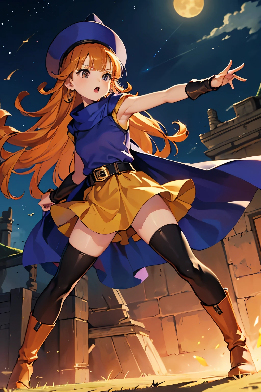 1 girl、High resolution、masterpiece、(alena-dq4、DQ4-ALENA、Orange straight hair)、Short stature、Thin thighs、Thin legs、Small shoulders、slender、Muscular、(bedroom)、(hat、dress、Cape、belt、Black tights、Leather boots)、Night Grassland、attacking with a kick、Attacking with the legs、Crouch and kick