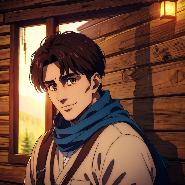 (best quality,4k,,masterpiece:1.2),ultra-detailed,realistic,photorealistic:1.37, 40 year old male character,brown eyes, dark brown medium  hair,blue scarf,sharp jawline, he is handsome, he is smiling, behind him a small cabin, )