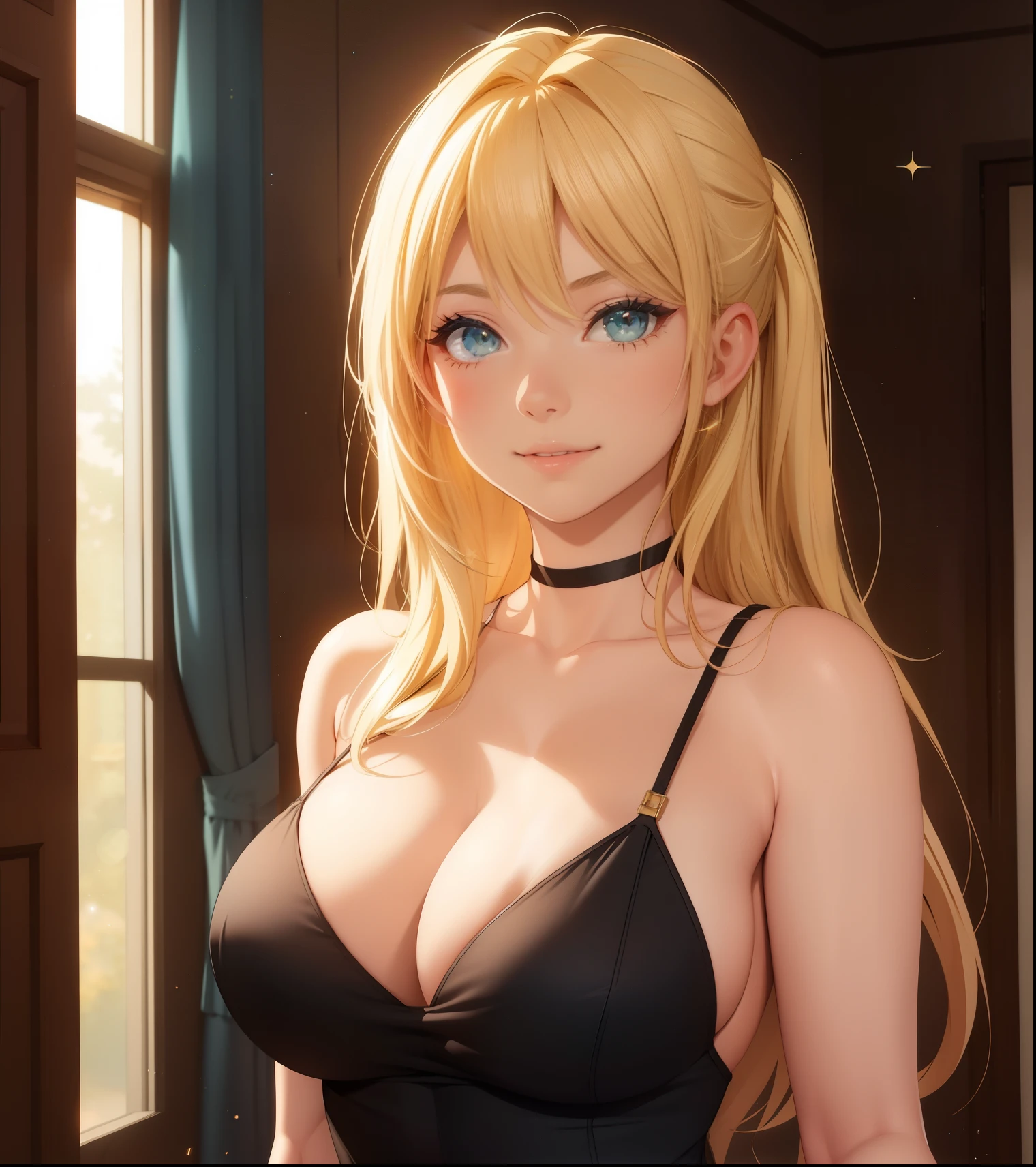 Another day and Lara is beautiful, including Lara, a beautiful and cute girl flirting with the viewer, sparkle in her eyes, detailed, Lara is a girlfriend with blonde hair. You have a dangerous secret. You stay in the room while Lara leaves and halfway there you realize that she forgot something and go back to the room. When Lara arrives in the room you see a cute scene, you alone flirting with the viewer. Lara: You, what do you mean? You blush and smile cute and romantic
short black dress with thin strap