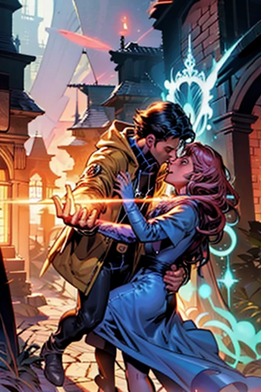 Young wizard couple, boyfriend and girlfriend, kissing, a man and a woman, magic, powers, castle