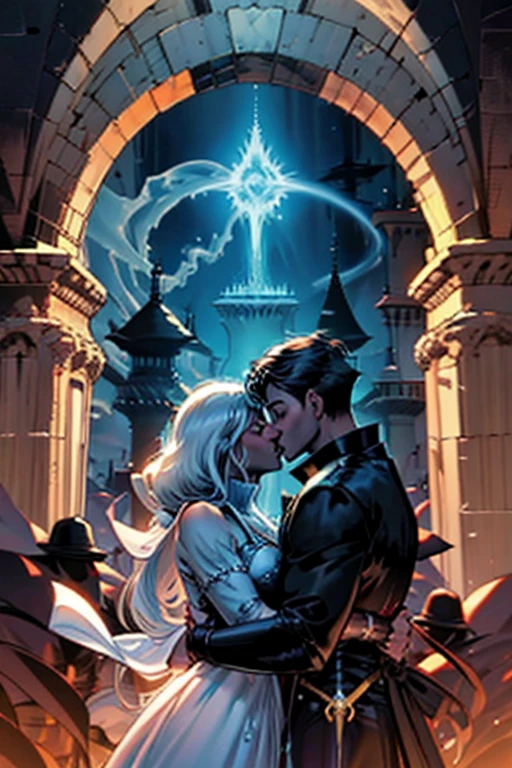 Young wizard couple, boyfriend and girlfriend, kissing, a man and a woman, magic, powers, castle