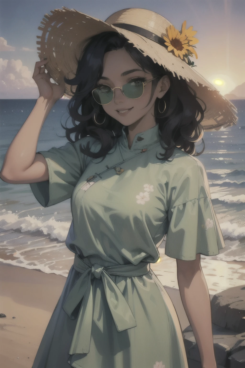 ((best quality)), ((masterpiece)), (detailed), perfect face, young woman, mixed race woman, dark skin, curly black hair, waist-length hair, Chilean, Vietnamese, high cheek bones, round face, green eyes, friendly smile, floral beach dress, sun hat, sunglasses, detailed key anime art, detailed anime concept art, sunset beach background