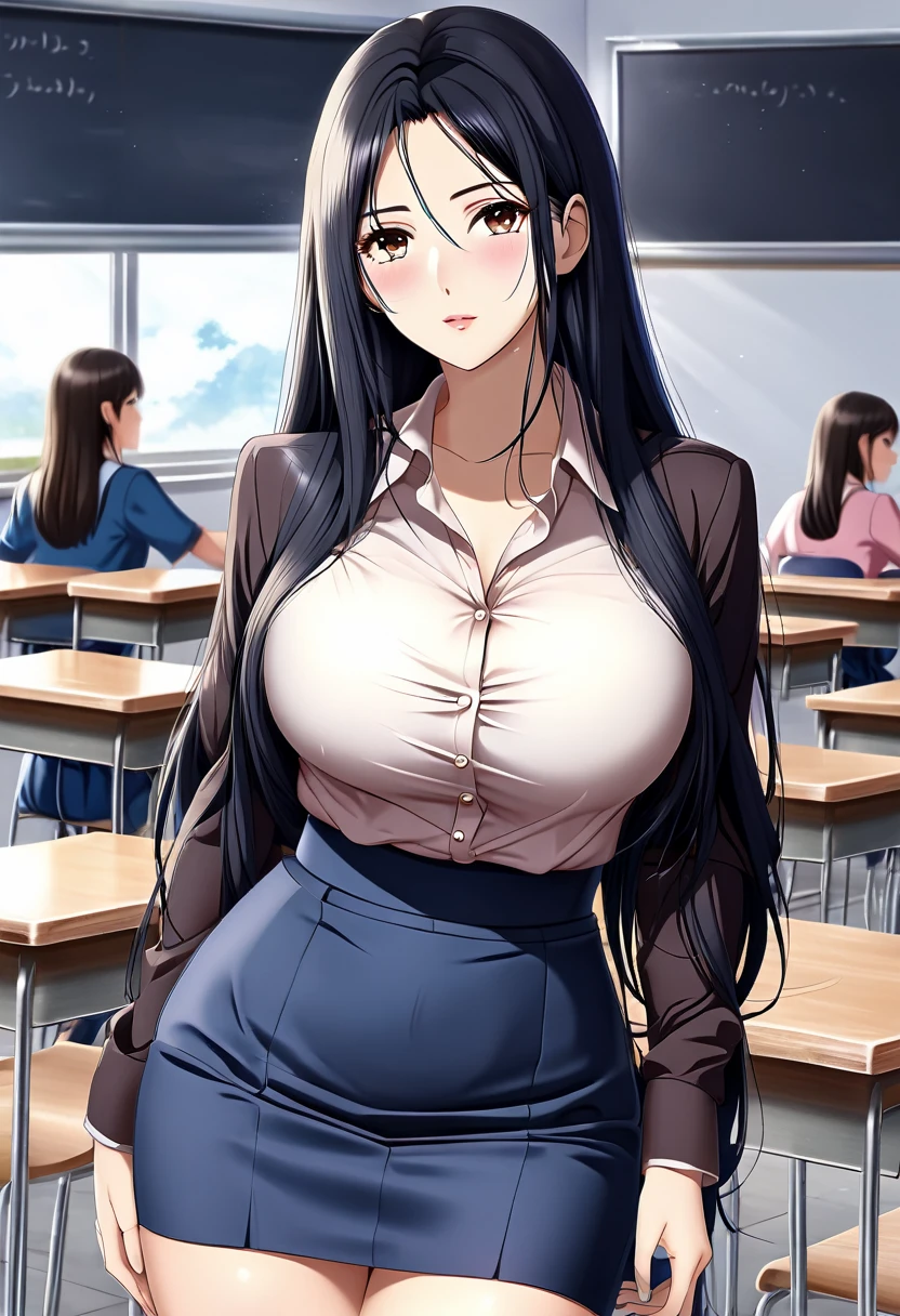 School class scenario, an Italian girl with very long black hair, gigantic breasts, thin, girl, the girl is wearing a blouse and a miniskirt with lapels