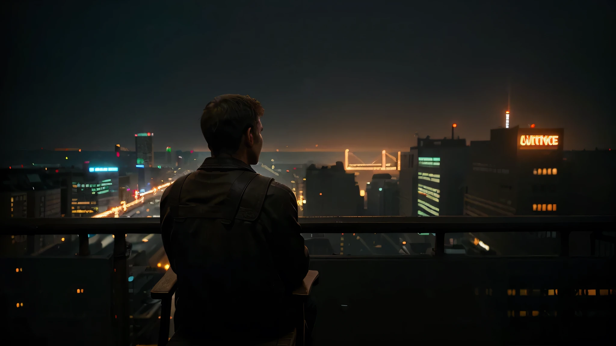 A lone man sits on a worn wicker chair with his back turned, his elbows resting on the porch's rusty iron railing. He gazes at the cityscape before him, a dystopian vision of skyscrapers piercing the night sky with their neon lights.
