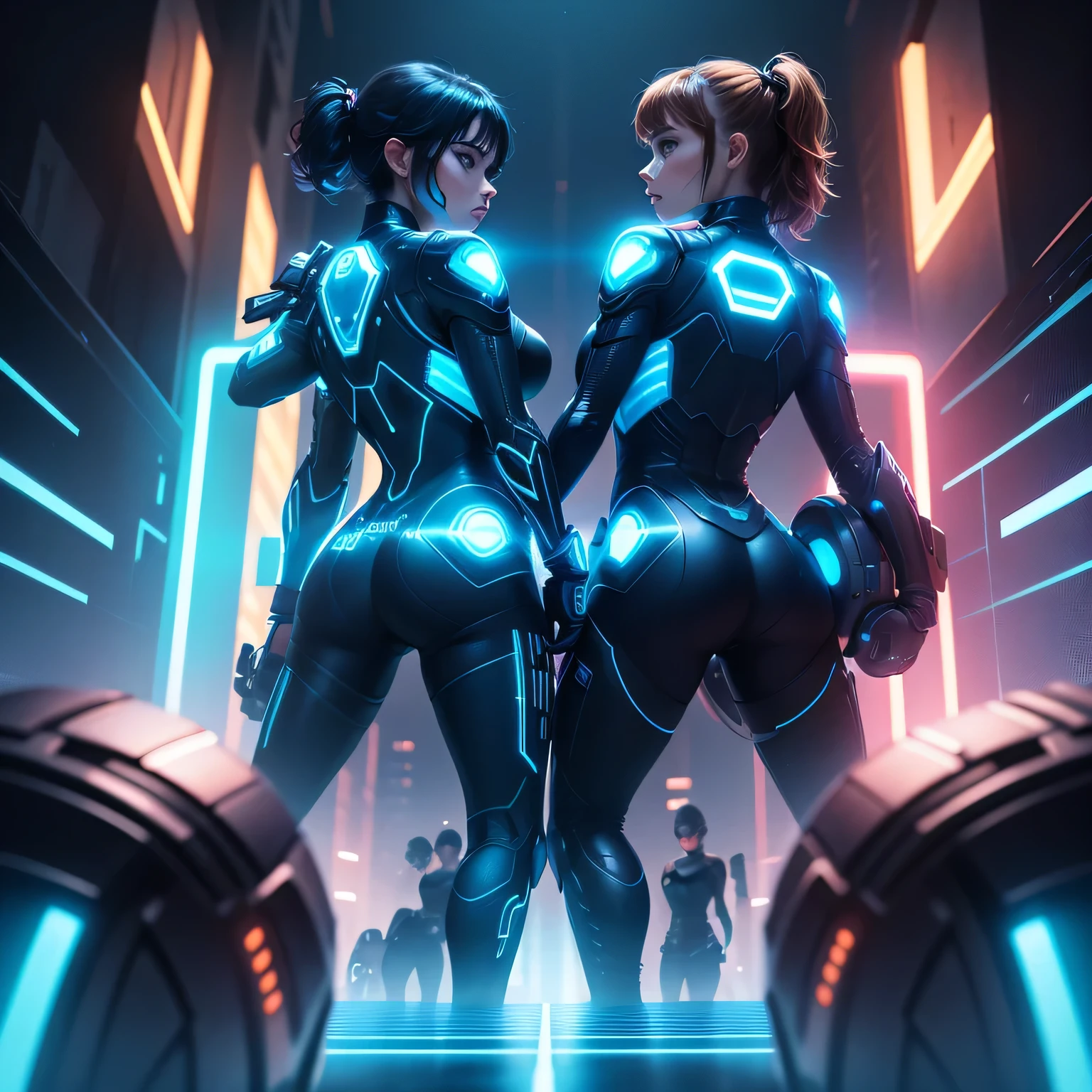  Tron legacy girls,  girl vs girl, grid battle, power pose, blue vs orange, neon lights , dark lighting, dystopian setting, photorealistic, ultra high quality, depth of field, ((tron fighting grid)) areal view, sfw