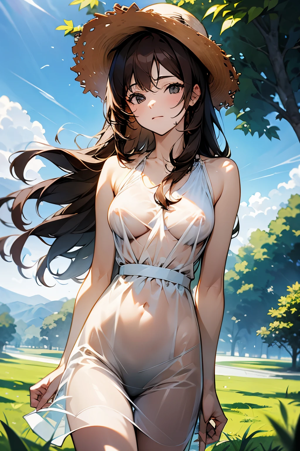 Straw hat, Brown-haired girl, White dress, See-through, Lush green scenery, The wind blows through, Strong sunlight, Clear contrast, masterpiece, highest quality, Highest quality