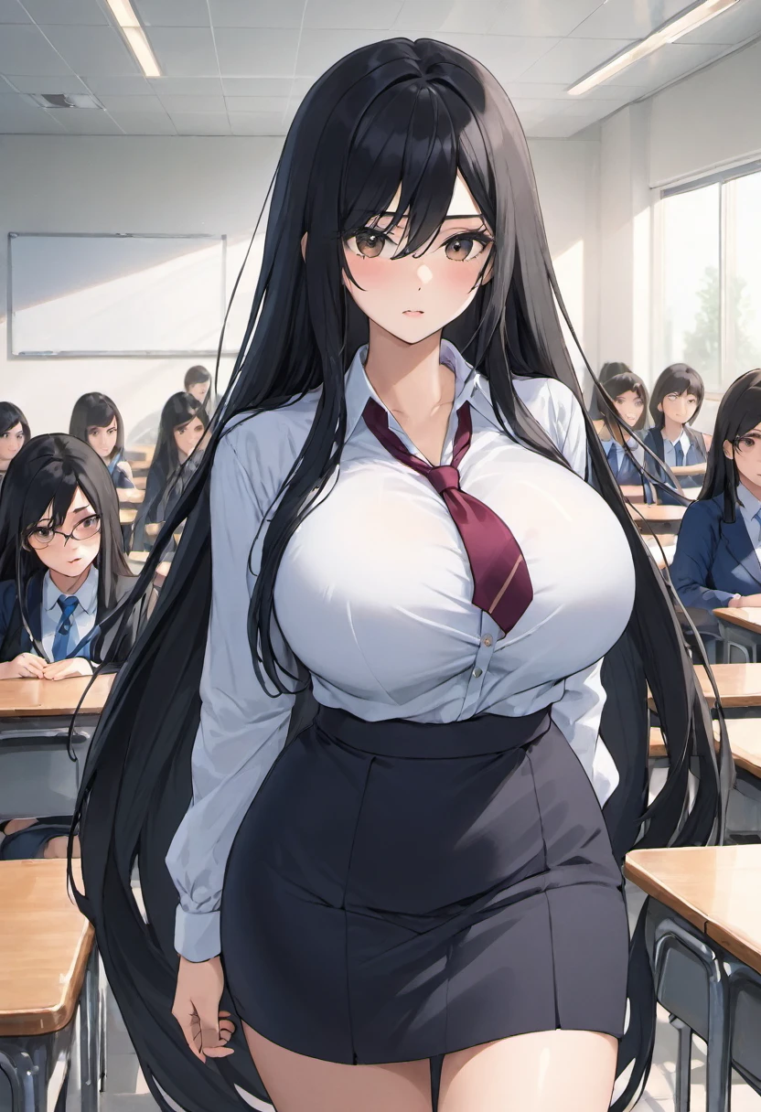 School class scenario, an Italian girl with very long black hair, gigantic breasts, thin, girl, the girl is wearing a blouse and a miniskirt with lapels