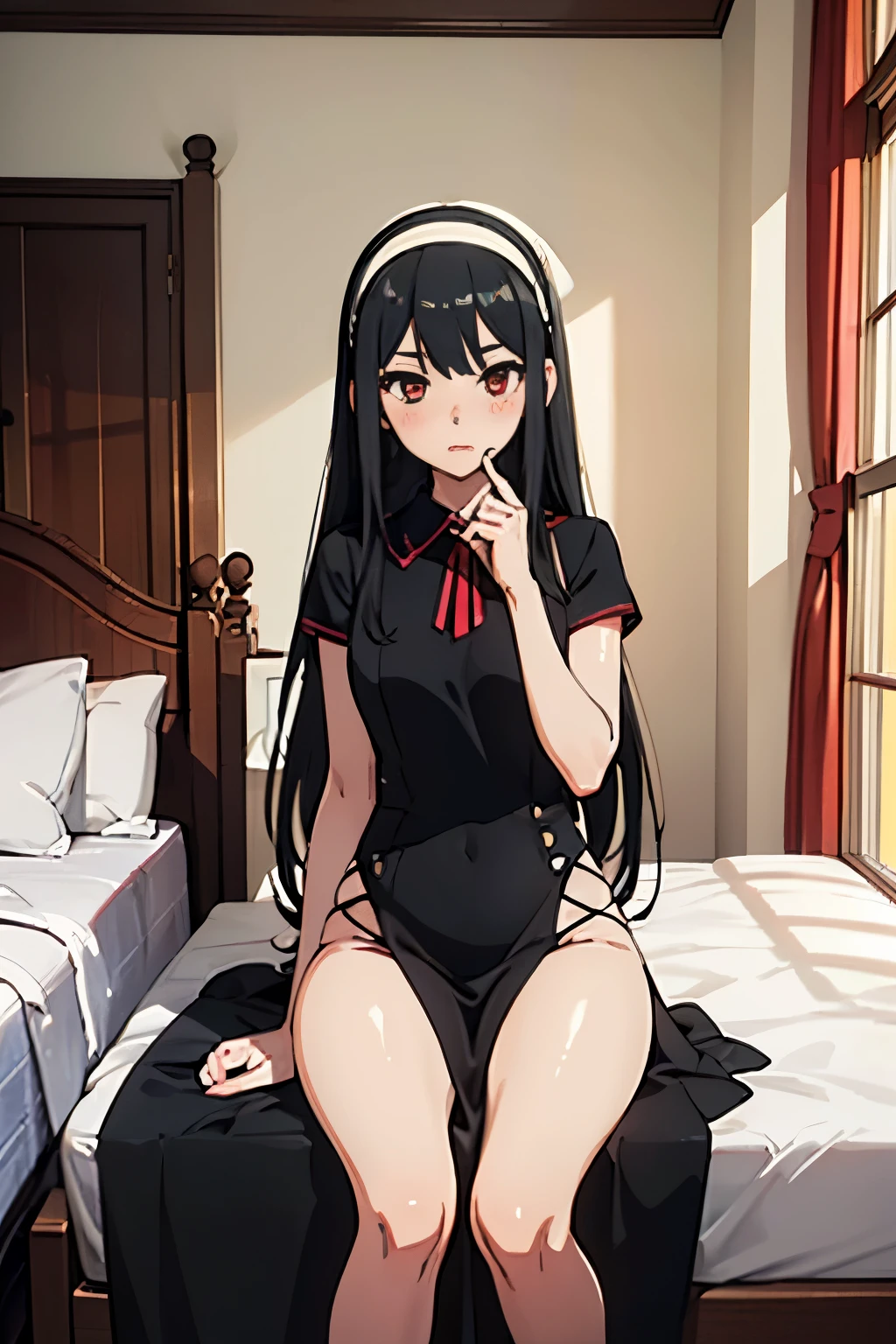 masterpiece、highest quality、High resolution、1 girl、Her Room、(alone)、(Beautiful long black hair)、Bright red eyes、blush、slender、Thin legs、Thin thighs、yor_briar_spyxfamily、(White hair band、Jet Black Hair、Black Dress)