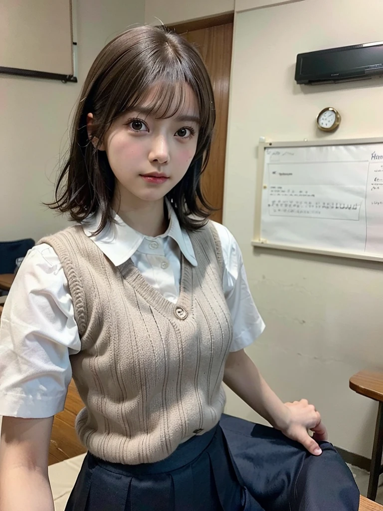 Masterpiece, Top Quality, Top Mikoto, brown eyes, short hair, small breasts, looking at viewer, alone, closed mouth, collared shirt, beige knit vest, dark blue Skirt, school_uniform, shirt, white_shirt, classroom,Masterpiece, highest quality, 8K, detailed skin texture, fine cloth texture, beautiful detailed face, intricate details, super detailed,cute,cute posing,composition that shows the whole body,