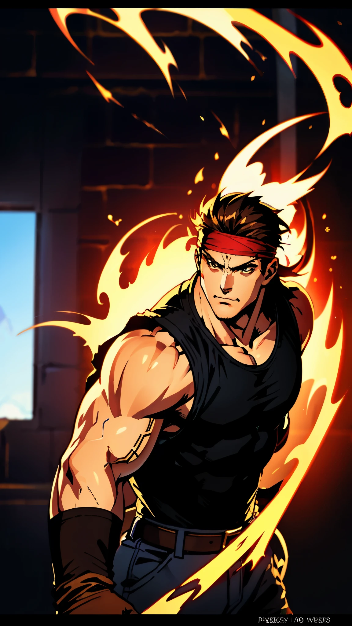 A young man with thick chestnut-brown long hair, a red headband adorned his forehead, devoid of eyebrows, triangular eyes, a square face, proud expression, robust and muscular physique, a fantasy-style tight-fitting open-chest vest, gloves, a ragged cloth tied around his waist, white utility trousers, his raised right fist surrounded by crimson flames, stands amidst boundless wilderness, this character embodies a finely crafted fantasy-style rogue in anime style, exquisite and mature manga art style, high definition, best quality, highres, ultra-detailed, ultra-fine painting, extremely delicate, professional, perfect body proportions, golden ratio, anatomically correct, symmetrical face, extremely detailed eyes and face, high quality eyes, creativity, RAW photo, UHD, 32k, Natural light, cinematic lighting, masterpiece-anatomy-perfect, masterpiece:1.5
