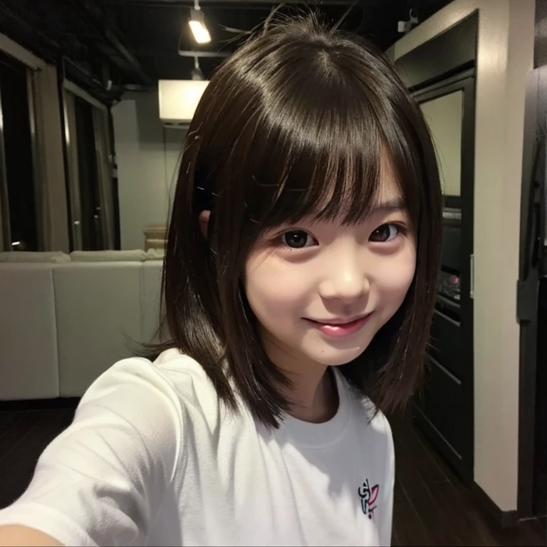 Young Asian girl ,dark brown hair, messy medium hair,in a white shirt, dark room , selfie ,silly toungue out,cute,lights off room