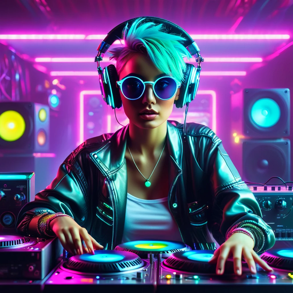 "Cyberpunk DJ boy with cool neon head set, colorful neon light around her, multicolor hair, multicolor, front view ,cool open jacket and crop top shirt, rocking sun glasses, two big LED glowing loudspeakers on each side, immersed in a neon-lit environment, vinyl record on turntable with music mixer and turntable in front of her, exuding an electrifying disco vibe in a futuristic night club."