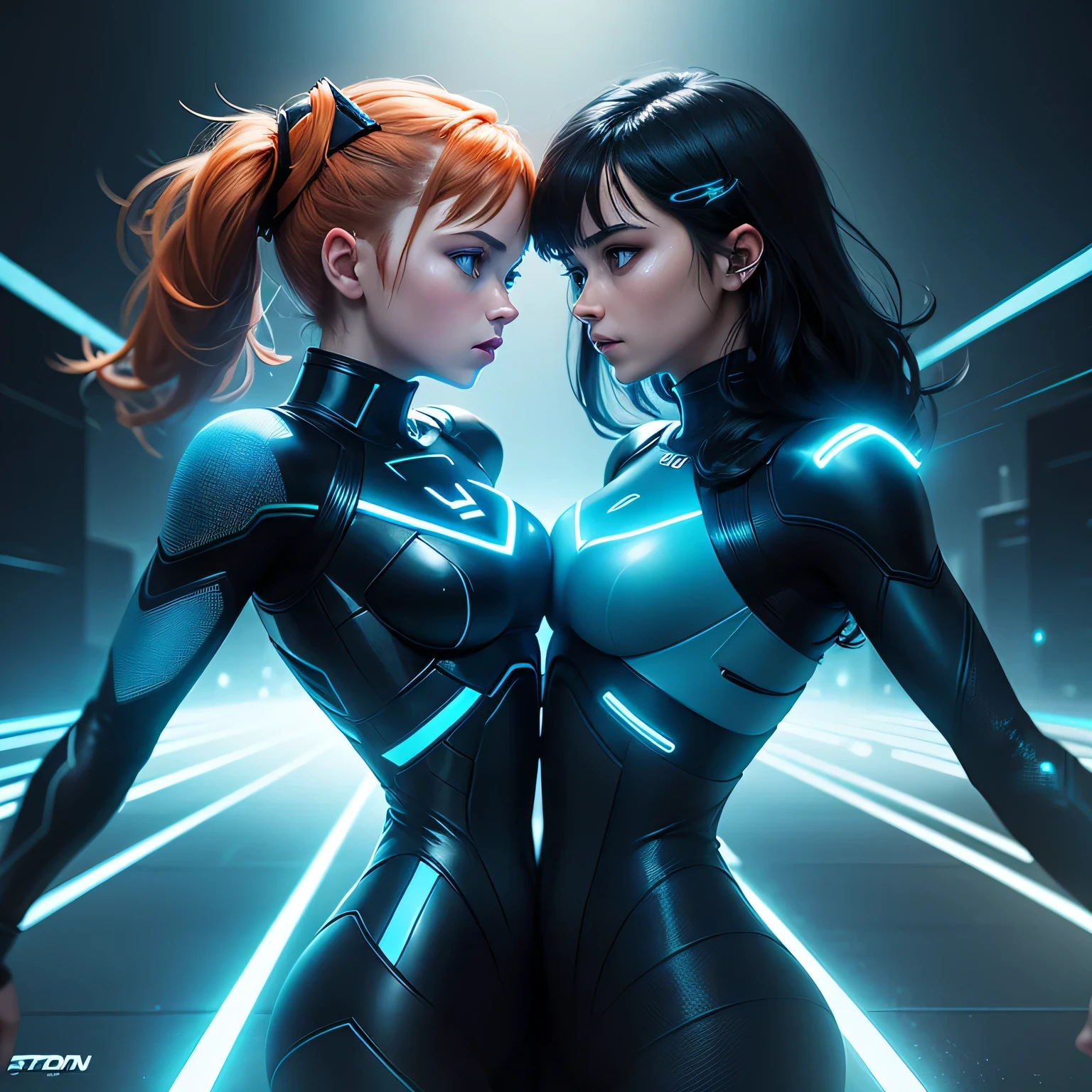 Tron legacy girls, girl vs girl, grid battle, power pose, blue vs orange, neon lights , dark lighting, dystopian setting, photorealistic, ultra high quality, depth of field, ((tron fighting grid)) areal view, sfw