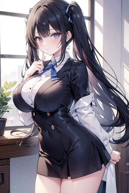 School class scenario, an Italian girl with very long black hair, gigantic breasts, thin, girl, the girl is wearing a blouse and a miniskirt with lapels