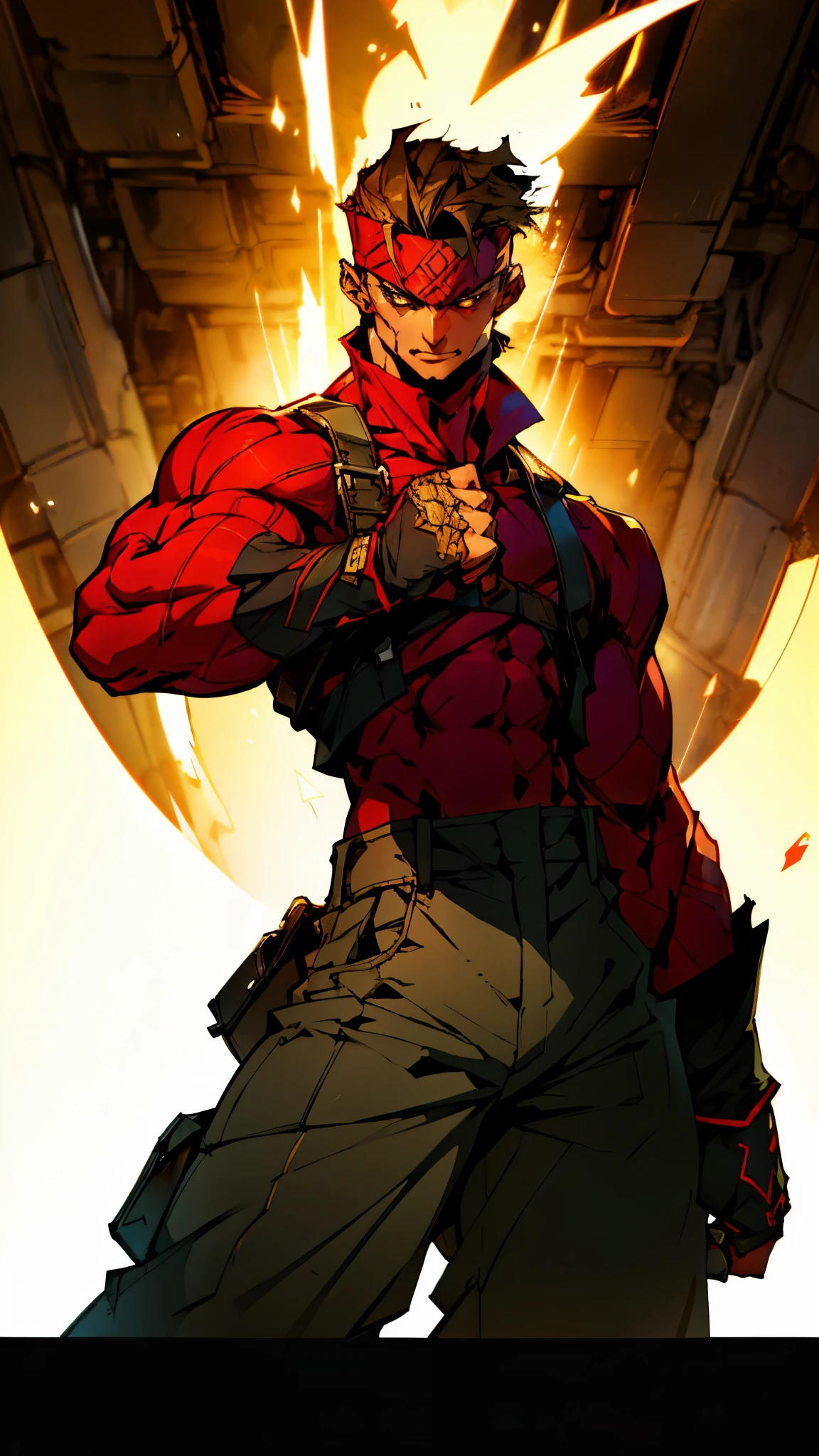 A young man with thick chestnut-brown long hair, a red headband adorned his forehead, devoid of eyebrows, triangular eyes, a square face, proud expression, robust and muscular physique, a fantasy-style tight-fitting open-chest vest, gloves, a ragged cloth tied around his waist, white utility trousers, his raised right fist surrounded by crimson flames, stands amidst boundless wilderness, this character embodies a finely crafted fantasy-style rogue in anime style, exquisite and mature manga art style, high definition, best quality, highres, ultra-detailed, ultra-fine painting, extremely delicate, professional, perfect body proportions, golden ratio, anatomically correct, symmetrical face, extremely detailed eyes and face, high quality eyes, creativity, RAW photo, UHD, 32k, Natural light, cinematic lighting, masterpiece-anatomy-perfect, masterpiece:1.5