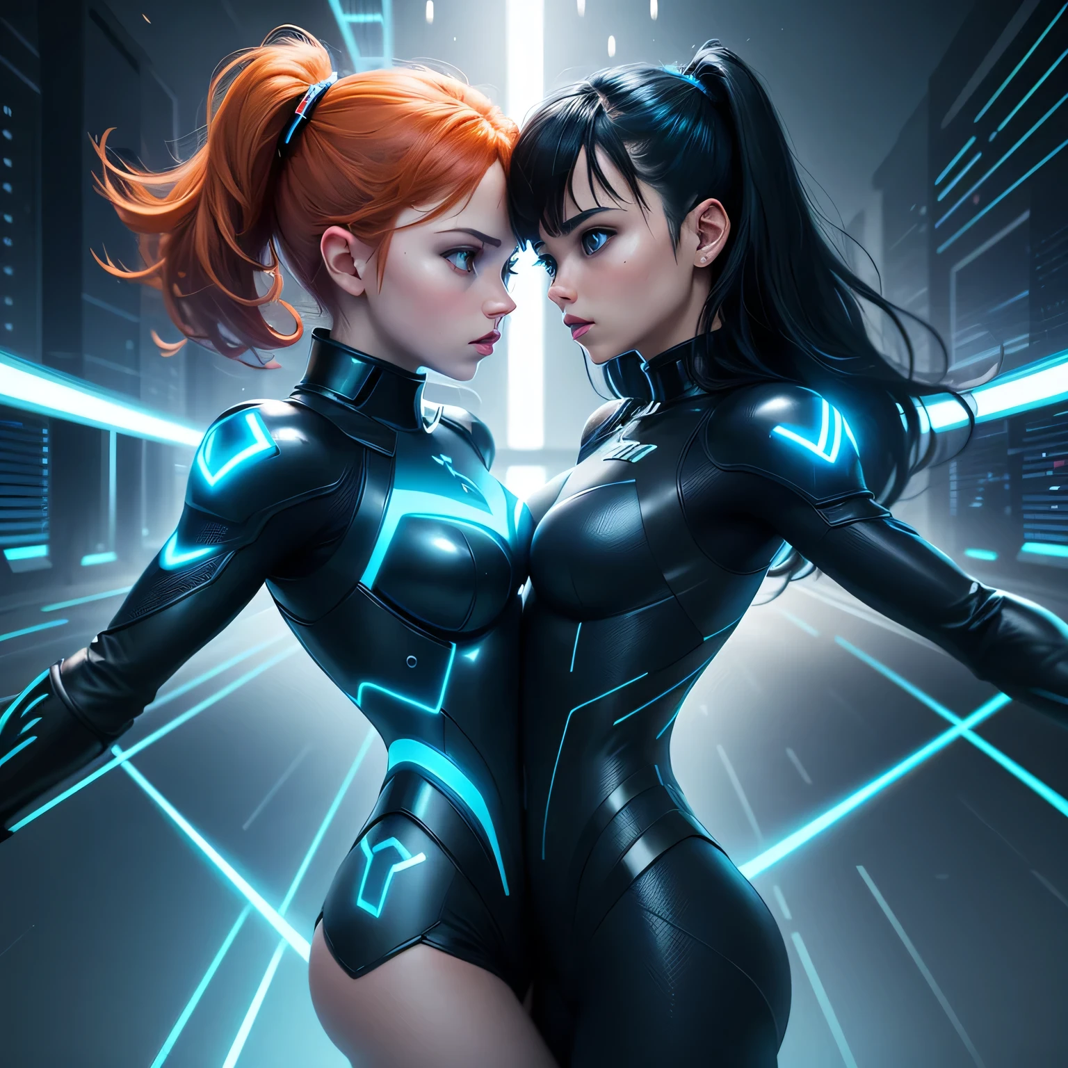  Tron legacy girls,  girl vs girl, grid battle, power pose, blue vs orange, neon lights , dark lighting, dystopian setting, photorealistic, ultra high quality, depth of field, ((tron fighting grid)) areal view, sfw