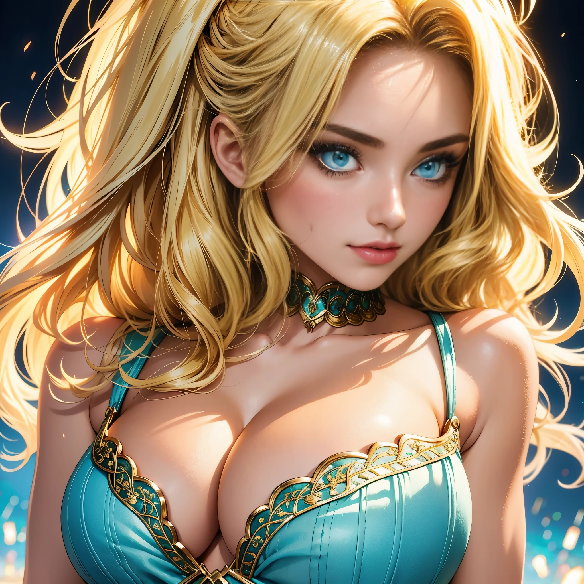 Super detailed and Beautiful woman, blonde hair, super detailed lightning cyan eyes, CG graphics, perfect skin details, natural perfect breast, cleavage, highly detailed, Old London, hazy background, vintage, dark fantasy