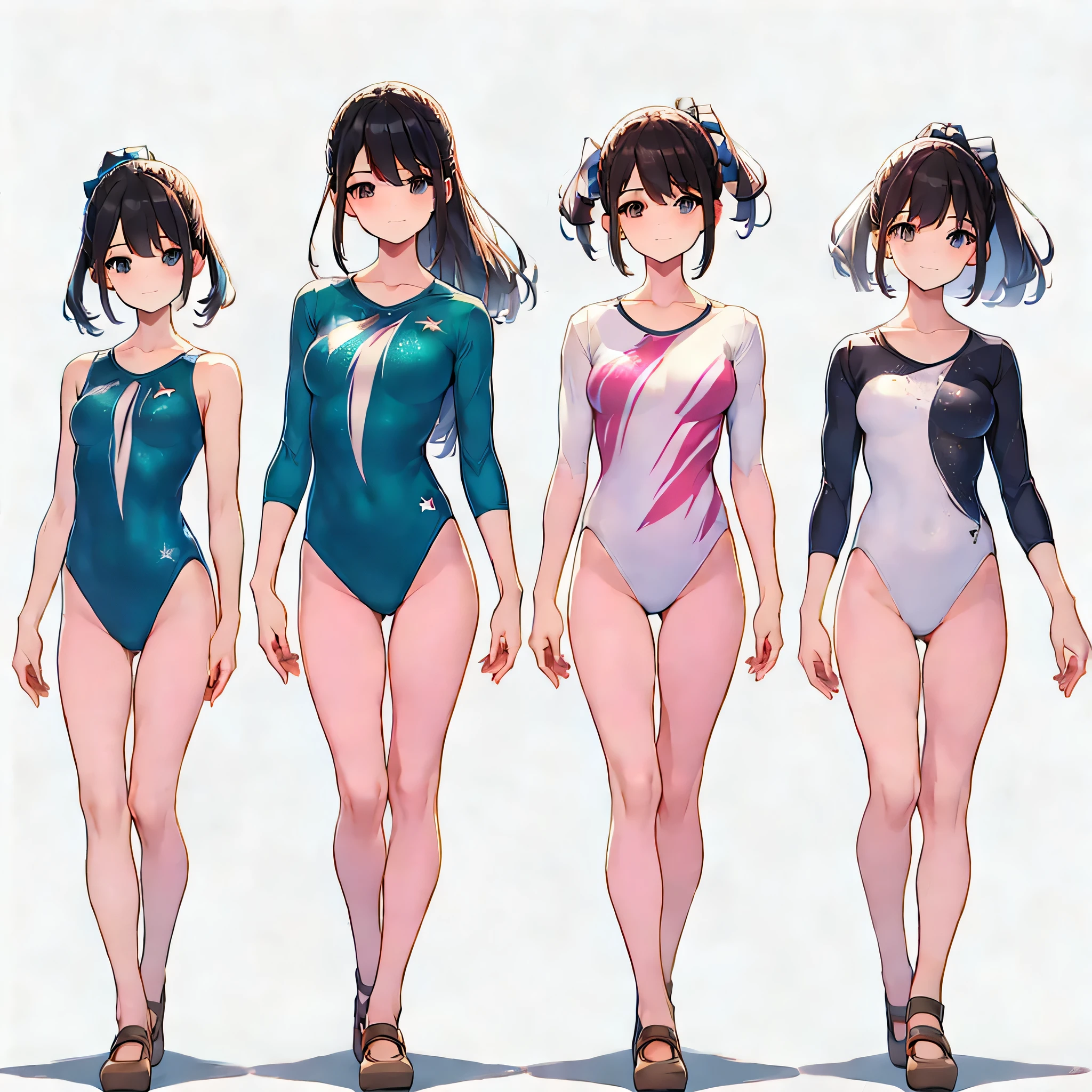 ((full body)),(masterpiece, best quality), (2 girls1.5) ,((Contrapposto:1.5)), looking at viewer, walking,((v_arms:1.2)), （wearing gymnastics_longsleeves_leotard_outfit leotard:1.3),(simple leotard:1.3),(green leotard:1.3) ,((plaid print:1.3)), BREAK masterpiece black hair, ((long hair:1.2)), ((parted bangs:1.3)), black eyes, good hand, ((small breasts)), (over 20 years old, under 25 years old:1.2), , spotlight, happy, smile, BREAK white background