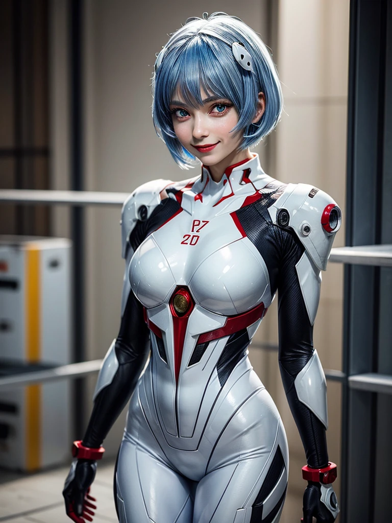 Masterpiece, highest quality, 8K, detailed skin texture, fine cloth texture, beautiful detailed face, intricate details, super detailed, portrait of Rei Ayanami, blue hair, red eyes, looking far away, no background, Evangelion Wearing a plug suit when riding, plug suit, whole body visible, standing, arms crossed, 15 years old, beautiful, cute, great style, smiling,composition that shows the whole body,