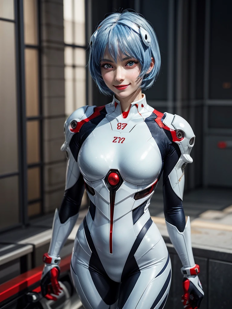 Masterpiece, highest quality, 8K, detailed skin texture, fine cloth texture, beautiful detailed face, intricate details, super detailed, portrait of Rei Ayanami, blue hair, red eyes, looking far away, no background, Evangelion Wearing a plug suit when riding, plug suit, whole body visible, standing, arms crossed, , beautiful, cute, great style, smiling,composition that shows the whole body,
