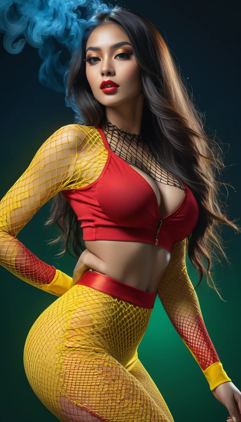 studio photography of a stunning alluring fishnet goddess in a red and yellow outfit braless beautiful with random moll , slim fit body, abs, lease long hair with blue glow, , dark green smoke backdrop, free and bold personality photorealism, hyper realistic concept art, insanely detailed, intricate,, 16k rendering, by WLOP, ,, detail aesthetic, unforgettable, impressive, breathtaking beauty,