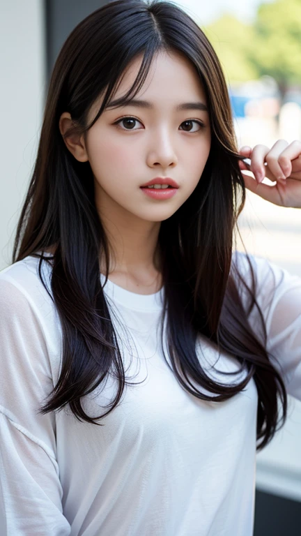 ulzzang-6500-v1.1: (foto cruda: 1.2), (fotorrealista: 1.4), Una chica preciosa y detallista con ojos y rostro muy expresivos., With ridiculously complex details and huge file size, Super detailed and high resolution image., una obra maestra de alta calidad, Showing a wide range of fashion clothing colors in this illustration., Creado como un fondo de pantalla CG unificado de 8k, Incredibly striking with fine details and masterful execution., 16 year old girl, Cabello largo y blanco que le cae por la espalda., Revealing Side Split Pose (sin bragas), pechos grandes, Usando lentes