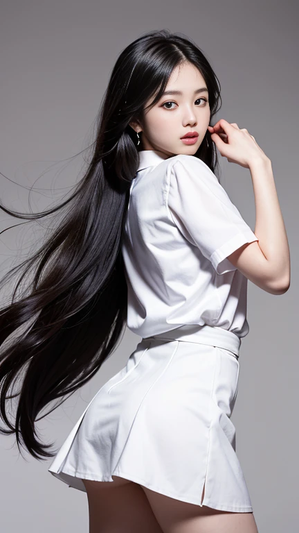 ulzzang-6500-v1.1: (foto cruda: 1.2), (fotorrealista: 1.4), Una chica preciosa y detallista con ojos y rostro muy expresivos., With ridiculously complex details and huge file size, Super detailed and high resolution image., una obra maestra de alta calidad, Showing a wide range of fashion clothing colors in this illustration., Creado como un fondo de pantalla CG unificado de 8k, Incredibly striking with fine details and masterful execution., girl, Cabello largo y blanco que le cae por la espalda., Revealing Side Split Pose (sin bragas), pechos grandes, Usando lentes