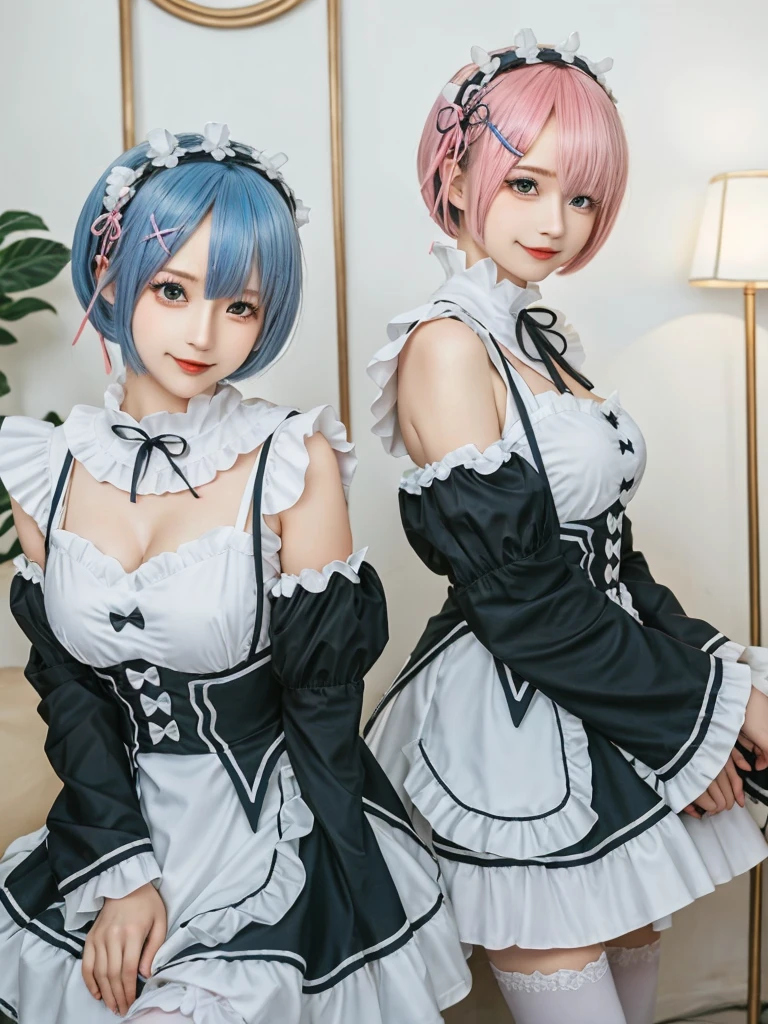 (8K, Photorealistic, Raw photo, of the highest quality: 1.3), (1girl in), Super beautiful, (Realistic face), (boyish, light blue Color Berry Shorthair),(8K, Photorealistic, Raw photo, of the highest quality: 1.3), (1girl in), Super beautiful, (Realistic face), (boyish, pink Color Berry Shorthair), Beautiful , Glare that captivates the viewer, Beautiful expression, Beautiful breasts, (Realistic skin), Be...Create a detailed and colorful image of Ram and Rem from Re:Zero, standing back-to-back in their maid outfits, with a magical fantasy background、14years old, two girls,cute, perfect face, beautiful, nice body, gothic ta clothes, gothic loliashion, frilly skirt, headdress, necklace, bracelet, knee-high socks, boots, double eyelids, tear bags, Detailed down to the fingers, photo-like description, indoors, dim indoor lighting, one girl is pink hair and short bob, another girl is light blue hair and short bob,standing, whole body, composition that shows the whole body, smiling,The Both of them are wearing the same type of maid outfit