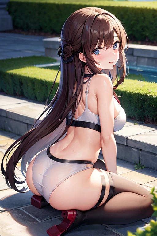 a girl in hot clothes with long brown hair she blushing hard and her tongue is out she in a hot pose (from back) (full body)
