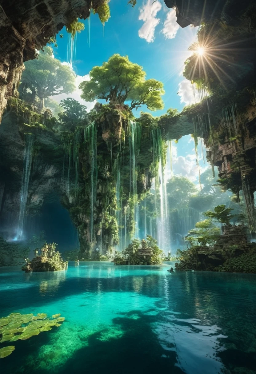 floating, floatingisland, landscapes, floating island, ethereal skies, lush vegetation, crystal-clear water, magical creatures, vibrant colors, surreal beauty, dreamlike atmosphere, soft sunlight, wisps of clouds, hidden caves, cascading waterfalls, ancient ruins, mystical aura, fantastical flora and fauna, tranquil serenity, enchanting landscapes, otherworldly charm
