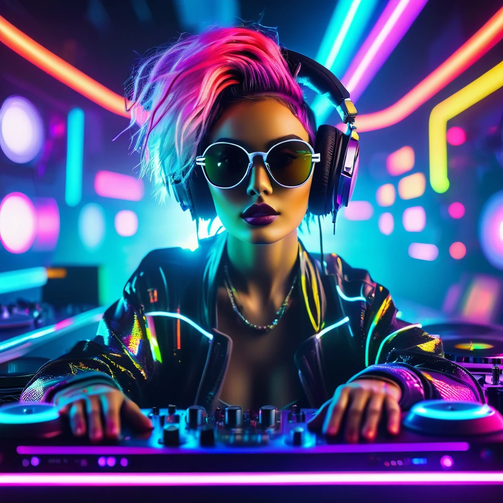 Man, Junge, "Cyberpunk DJ boy with cool neon head set, colorful neon light around her, multicolor hair, multicolor, front view ,cool open jacket and crop top shirt, rocking sun glasses, two big LED glowing loudspeakers on each side, immersed in a neon-lit environment, vinyl record on turntable with music mixer and turntable in front of her, exuding an electrifying disco vibe in a futuristic night club." Keine Frau