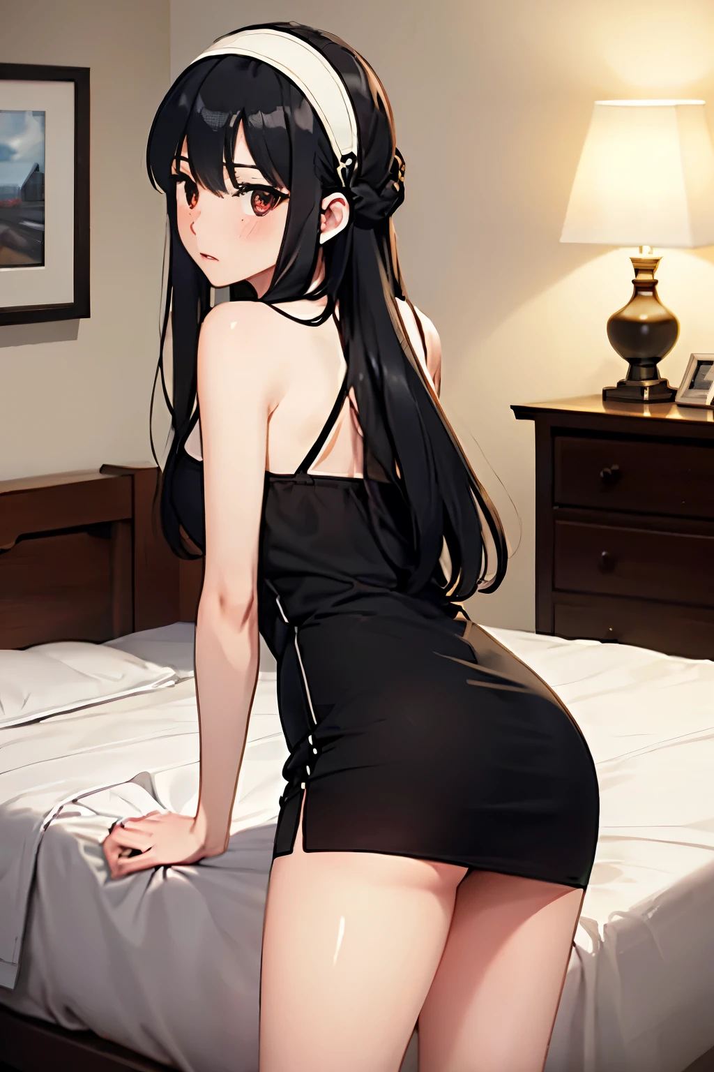 masterpiece、highest quality、High resolution、1 girl、Her Room、(alone)、(Beautiful long black hair)、Bright red eyes、blush、slender、Thin legs、Thin thighs、yor_briar_spyxfamily、White hair band、Jet Black Hair、Black Dress