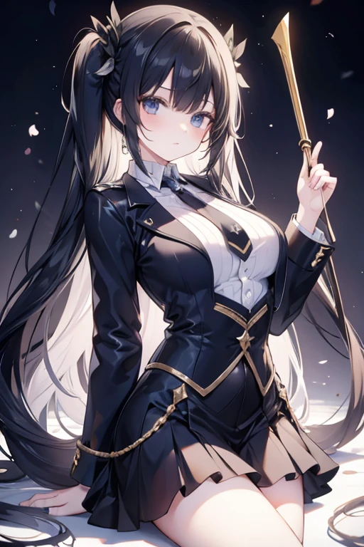 Fantasy underground scenario, an Italian girl with very long black hair, thin, girl, the girl wears a blouse and a miniskirt with lapels